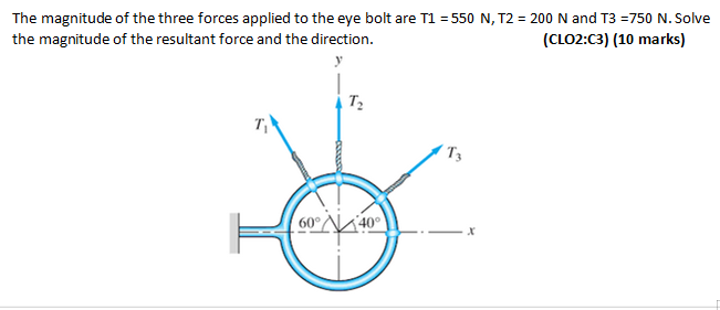 The magnitude of the three forces applied to the eye bolt are T1 = 550 N, T2 = 200 N and T3 =750 N. Solve
the magnitude of the resultant force and the direction.
(CLO2:C3) (10 marks)
y
T
T3
60°
40°
