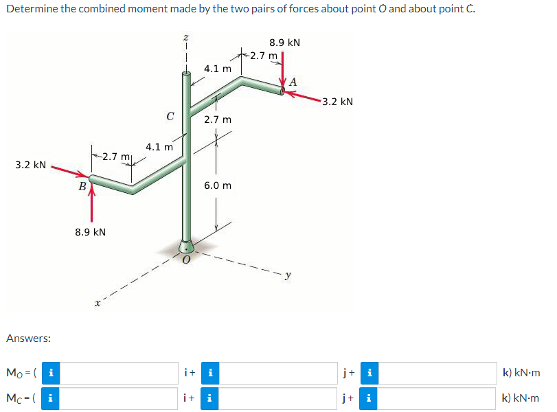 Determine the combined moment made by the two pairs of forces about point O and about point C.
3.2 KN
Answers:
Mo (i
Mc-(i
B
8.9 KN
m
C
4.1 m
4.1 m
2.7 m
6.0 m
it i
i+ i
8.9 KN
2.7 m
'Α
3.2 KN
j+i
MI
k) kN-m
k) kN-m