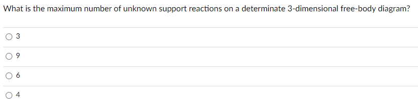 What is the maximum number of unknown support reactions on a determinate 3-dimensional free-body diagram?
3
9