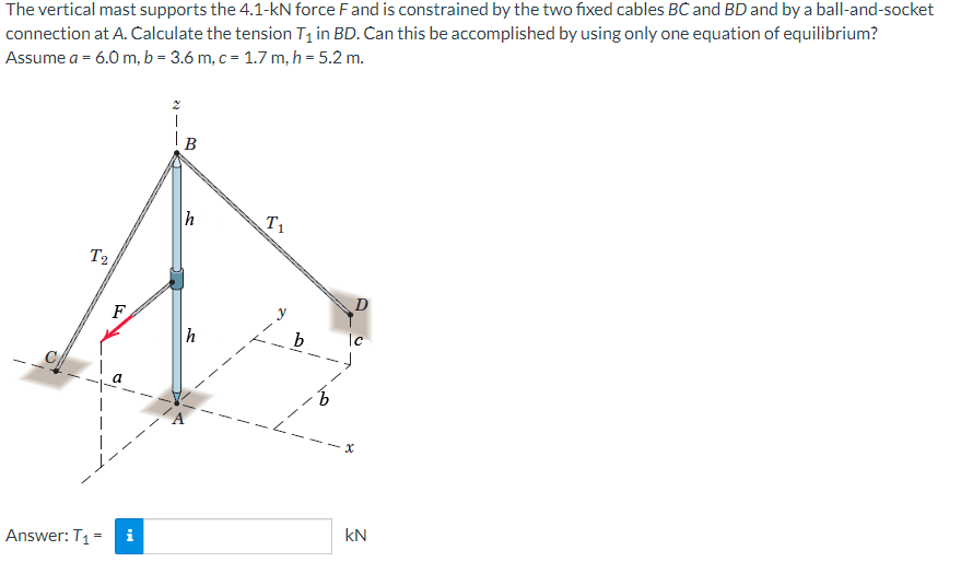 The vertical mast supports the 4.1-kN force F and is constrained by the two fixed cables BC and BD and by a ball-and-socket
connection at A. Calculate the tension T₁ in BD. Can this be accomplished by using only one equation of equilibrium?
Assume a = 6.0 m, b = 3.6 m, c = 1.7 m, h = 5.2 m.
T2
F
Answer: T₁ = i
I
B
T₁
|c
-x
KN