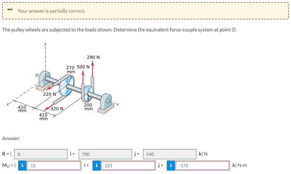 Your answer is partially correct.
The pulley wheels are subjected to the loads shown. Determine the equivalent force-couple system at point O.
410
mm
Answer:
R=0
Mo (i 15
220 N
410
mm
320 N
290 N
270 500 N
mm
200
mm
i+ 790
i+ i 221
j+ 540
j+ i
-172
k) N
k) N.m