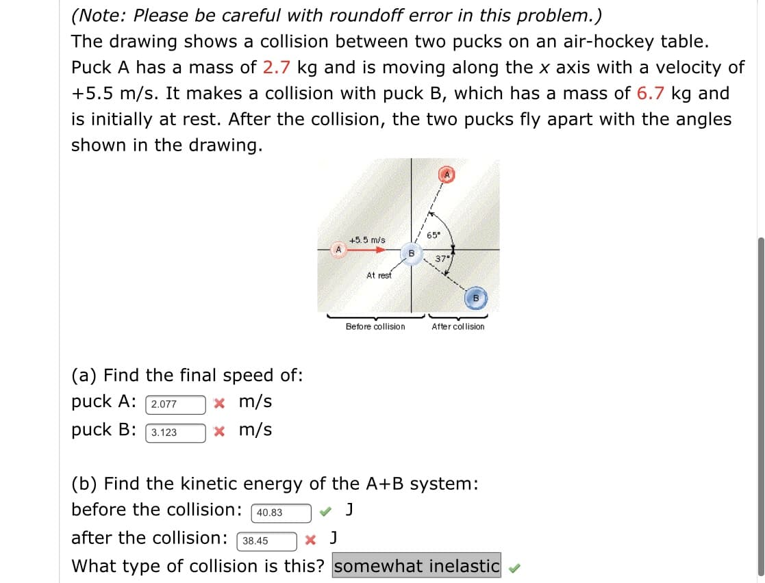 (Note: Please be careful with roundoff error in this problem.)
The drawing shows a collision between two pucks on an air-hockey table.
Puck A has a mass of 2.7 kg and is moving along the x axis with a velocity of
+5.5 m/s. It makes a collision with puck B, which has a mass of 6.7 kg and
is initially at rest. After the collision, the two pucks fly apart with the angles
shown in the drawing.
65"
+5.5 m/s
37°
At rest
Before collision
After collision
(a) Find the final speed of:
puck A:
x m/s
2.077
puck B:
x m/s
3.123
(b) Find the kinetic energy of the A+B system:
before the collision: (40.83
after the collision: 38.45
x J
What type of collision is this? somewhat inelastic
