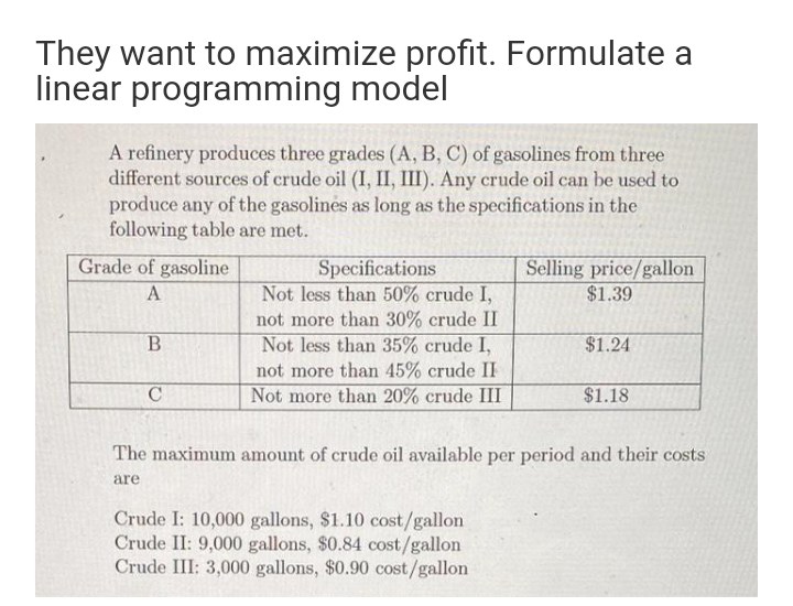 They want to maximize profit. Formulate a
linear programming model
A refinery produces three grades (A, B, C) of gasolines from three
different sources of crude oil (I, II, III). Any crude oil can be used to
produce any of the gasolines as long as the specifications in the
following table are met.
Grade of gasoline
Specifications
Not less than 50% crude I,
not more than 30% crude II
Not less than 35% crude I,
Selling price/gallon
$1.39
$1.24
not more than 45% crude II
Not more than 20% crude III
C
$1.18
The maximum amount of crude oil available per period and their costs
are
Crude I: 10,000 gallons, $1.10 cost/gallon
Crude II: 9,000 gallons, $0.84 cost/gallon
Crude III: 3,000 gallons, $0.90 cost/gallon

