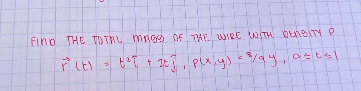 5
FIND THE TOTAL MASS OF THE WIRE WITH DENSITY P
t²₁ + 2tĴ, p(x, y) = 8/ay, ost≤1
r (t)
=