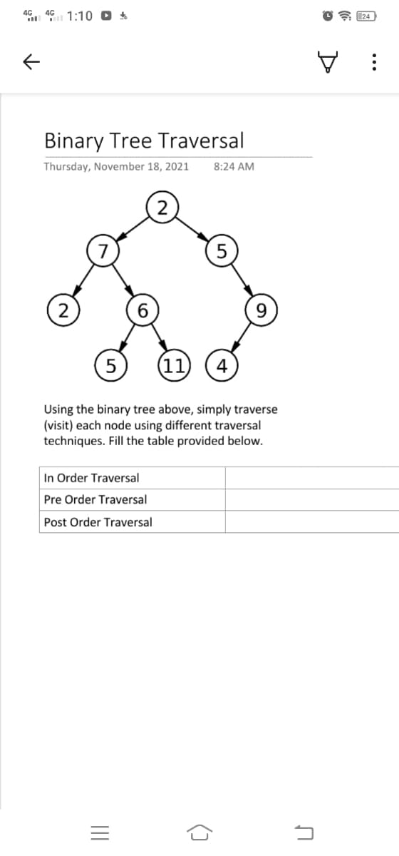 4G. 46 1:10 O $
A
Binary Tree Traversal
Thursday, November 18, 2021
8:24 AM
4
Using the binary tree above, simply traverse
(visit) each node using different traversal
techniques. Fill the table provided below.
In Order Traversal
Pre Order Traversal
Post Order Traversal
()
II
