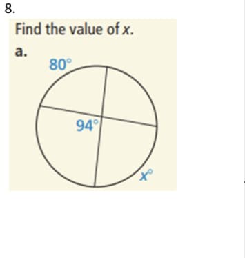 8.
Find the value of x.
а.
80°
94
af
