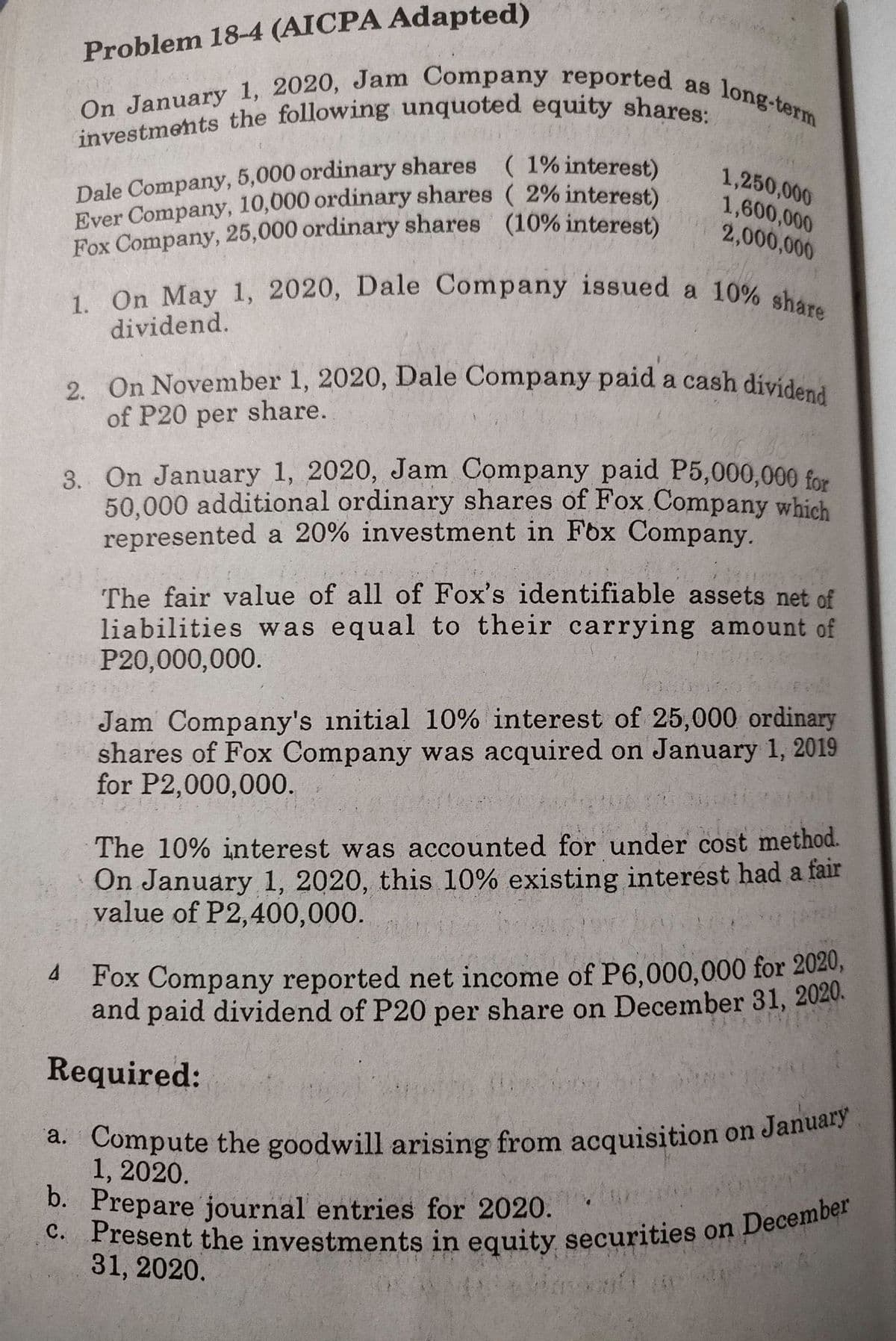 Dale Company, 5,000 ordinary shares (1% interest)
c. Present the investments in equity securities on December
a. Compute the goodwill arising from acquisition on January
On January 1, 2020, Jam Company reported as long-term
2. On November 1, 2020, Dale Company paid a cash dividend
1. On May 1, 2020, Dale Company issued a 10% share
Problem 18-4 (AICPA Adapted)
as long-term
Ever Company, 10,000 ordinary shares ( 2% interest)
Fox Company, 25,000 ordinary shares (10% interest)
1,250,000
1,600,000
2,000,000
dividend.
of P20 per share.
3. On January 1, 2020, Jam Company paid P5,000,000 for
50,000 additional ordinary shares of Fox Company which
represented a 20% investment in Fox Company.
The fair value of all of Fox's identifiable assets net of
liabilities was equal to their carrying amount of
P20,000,000.
Jam Company's initial 10% interest of 25,000 ordinary
shares of Fox Company was acquired on January 1, 2019
for P2,000,000.
The 10% interest was accounted for under cost method.
On January 1, 2020, this 10% existing interest had a fair
value of P2,400,000.
4 Fox Company reported net income of P6,000,000 for 2020,
and paid dividend of P20 per share on December 31, 2020.
Required:
1, 2020.
b. Prepare journal entries for 2020.
31, 2020.
