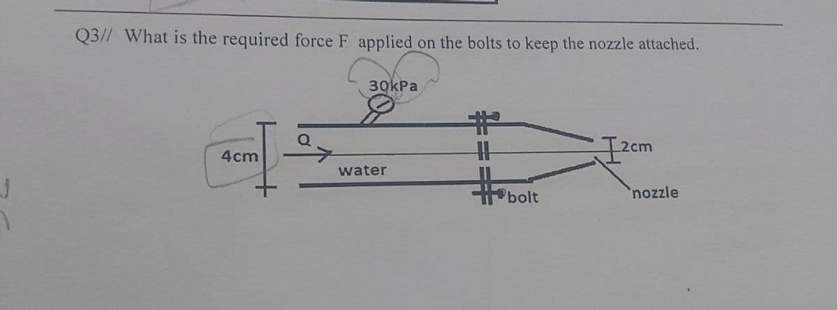 J
Q3// What is the required force F applied on the bolts to keep the nozzle attached.
30kPa
1
HH
I2cm
#b
4cm
water
bolt
nozzle