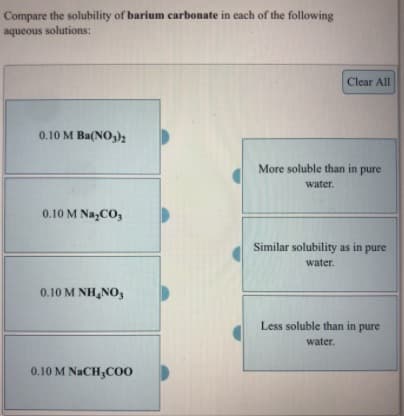 Compare the solubility of barium carbonate in each of the following
aqueous solutions:
Clear All
0.10 M Ba(NO,)2
More soluble than in pure
water.
0.10 M Na,CO,
Similar solubility as in pure
water.
0.10 M NH,NO3
Less soluble than in pure
water.
0.10 M NACH;CO0

