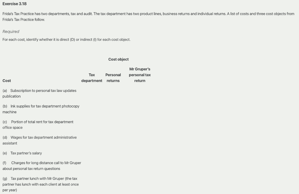 Exercise 3.18
Frida's Tax Practice has two departments, tax and audit. The tax department has two product lines, business returns and individual returns. A list of costs and three cost objects from
Frida's Tax Practice follow.
Required
For each cost, identify whether it is direct (D) or indirect (I) for each cost object.
Cost object
Mr Gruper's
Tax
Personal
personal tax
Cost
department
returns
return
(a) Subscription to personal tax law updates
publication
(b) Ink supplies for tax department photocopy
machine
(c) Portion of total rent for tax department
office space
(d) Wages for tax department administrative
assistant
(e) Tax partner's salary
(f) Charges for long distance call to Mr Gruper
about personal tax return questions
(g) Tax partner lunch with Mr Gruper (the tax
partner has lunch with each client at least once
per year)
