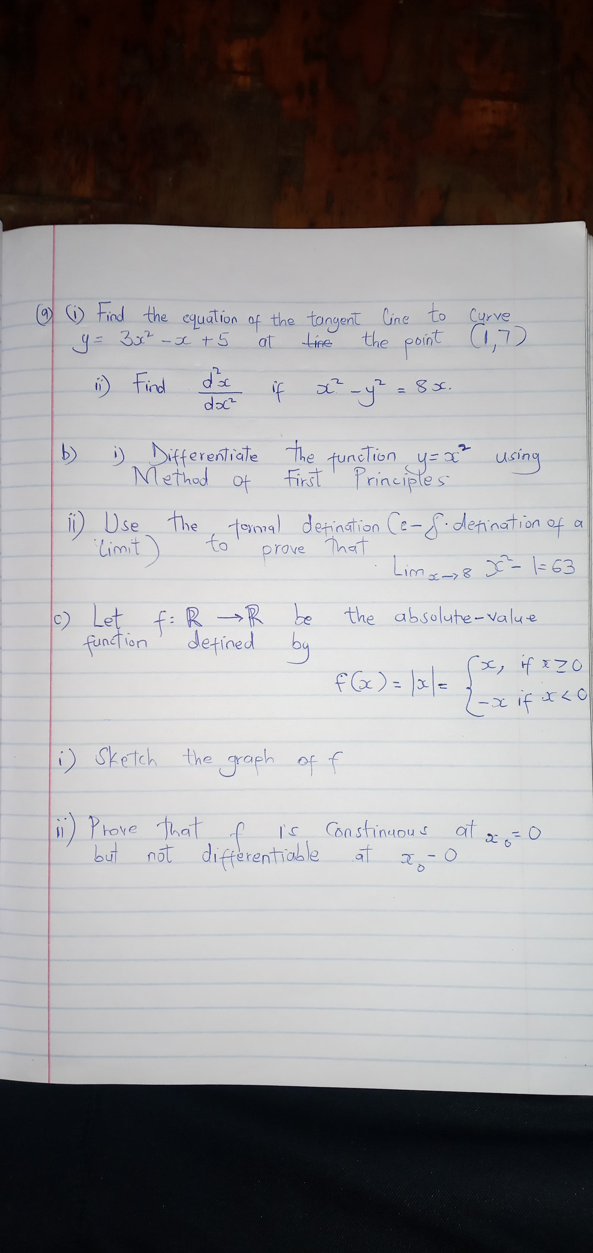 O ☺ Find the equation to Curve
y= 3x -JC +5
the tangent Cine
of
tine
at
the point (1,7)
i) Find
if
doc?
%3D
