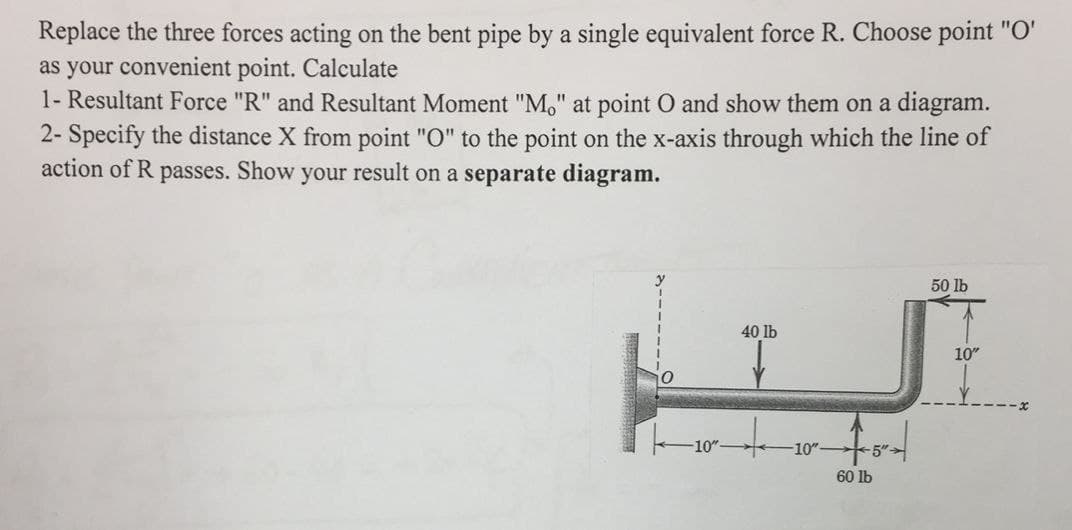 Replace the three forces acting on the bent pipe by a single equivalent force R. Choose point "O'
as your convenient point. Calculate
1- Resultant Force "R" and Resultant Moment "Mo" at point O and show them on a diagram.
2- Specify the distance X from point "O" to the point on the x-axis through which the line of
action of R passes. Show your result on a separate diagram.
-10"-
40 lb
-10"
fort
60 lb
50 lb
10"