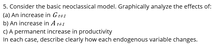 5. Consider the basic neoclassical model. Graphically analyze the effects of:
(a) An increase in Gt+1
b) An increase in A t+1
c) A permanent increase in productivity
In each case, describe clearly how each endogenous variable changes.
