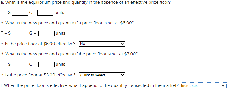 a. What is the equilibrium price and quantity in the absence of an effective price floor?
P = $
|units
b. What is the new price and quantity if a price floor is set at $6.00?
P = $
Q
Junits
c. Is the price floor at $6.00 effective? No
d. What is the new price and quantity if the price floor is set at $3.00?
P = $
Q =
units
e. Is the price floor at $3.00 effective? (Click to select)
f. When the price floor is effective, what happens to the quantity transacted in the market? Increases
