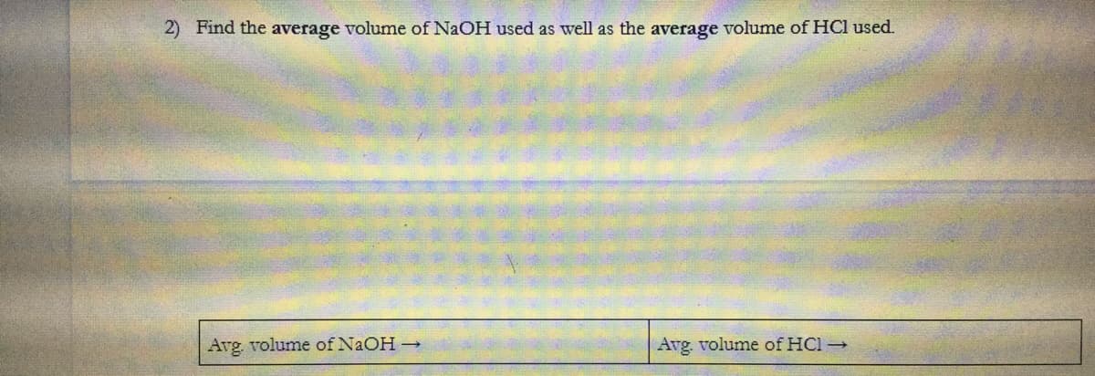 2) Find the average volume of NaOH used as well as the average volume of HCl used.
Avg volume of NaOH -
Avg. volume of HCl →
