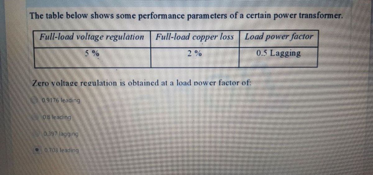 The table below shows some performance parameters of a certain power transformer.
Full-load voltage regulation Full-load copper loss Load power factor
5%
0.5 Lagging
Zero voltage regulation is obtained at a load power factor of:
0.9176 leading
08 leading
0.397 lagging
2%
0.703 leading