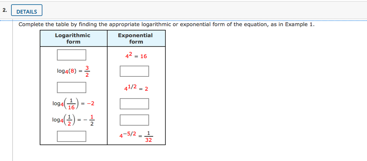 2.
DETAILS
Complete the table by finding the appropriate logarithmic or exponential form of the equation, as in Example 1.
Logarithmic
form
Exponential
form
42
= 16
log4(8)
41/2 .
= 2
log4
= -2
loga(출)- 글
2
1
4-5/2
32
크2
