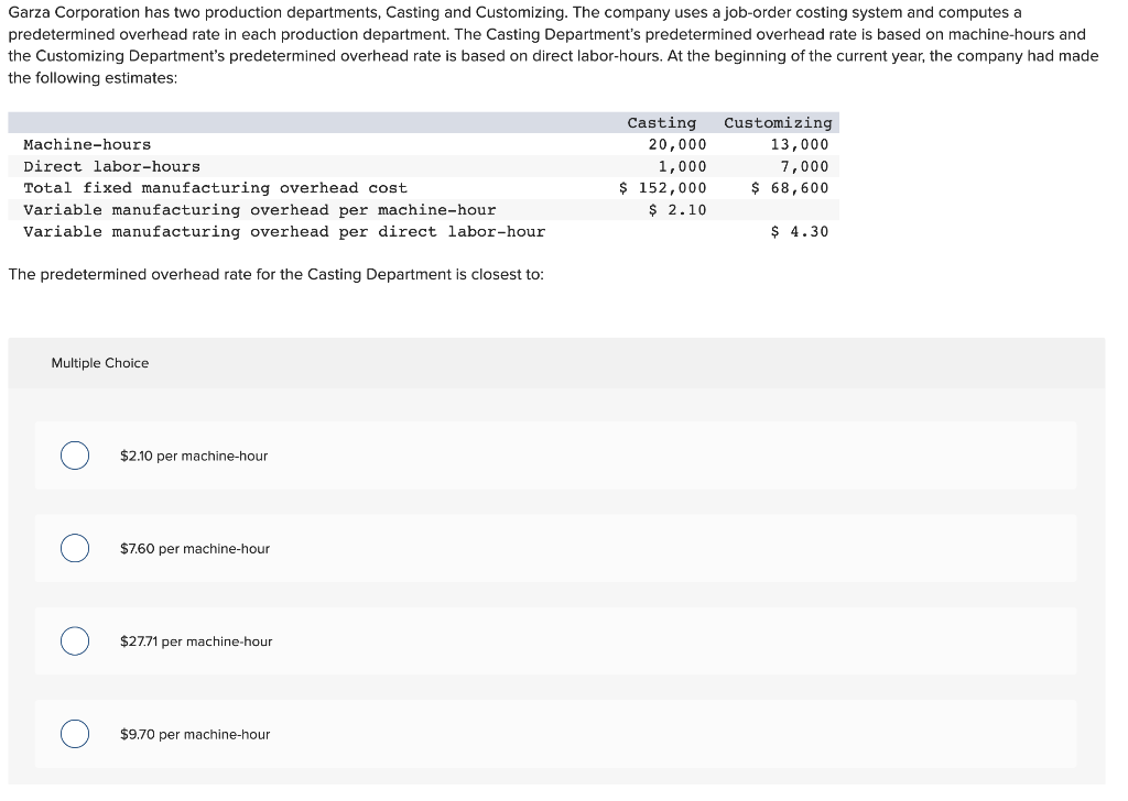 Garza Corporation has two production departments, Casting and Customizing. The company uses a job-order costing system and computes a
predetermined overhead rate in each production department. The Casting Department's predetermined overhead rate is based on machine-hours and
the Customizing Department's predetermined overhead rate is based on direct labor-hours. At the beginning of the current year, the company had made
the following estimates:
Casting
Customizing
Machine-hours
20,000
13,000
1,000
$ 152,000
$ 2.10
Direct labor-hours
7,000
Total fixed manufacturing overhead cost
$ 68,600
Variable manufacturing overhead per machine-hour
Variable manufacturing overhead per direct labor-hour
$ 4.30
The predetermined overhead rate for the Casting Department is closest to:
Multiple Choice
$2.10 per machine-hour
$7.60 per machine-hour
$27.71 per machine-hour
$9.70 per machine-hour
