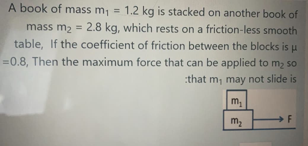 A book of mass m1
1.2 kg is stacked on another book of
%3D
mass m2
2.8 kg, which rests on a friction-less smooth
%3D
table, If the coefficient of friction between the blocks is u
=0.8, Then the maximum force that can be applied to m2 so
:that m, may not slide is
m1
m2
