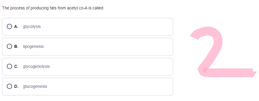 The process of producing fats from acetyl co-A is called
OA. glycolysis
B. lipogenesis
O c. glycogenolysis
O D. glucogenesis
2