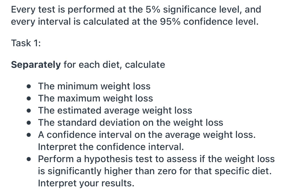 Every test is performed at the 5% significance level, and
every interval is calculated at the 95% confidence level.
Task 1:
Separately for each diet, calculate
• The minimum weight loss
• The maximum weight loss
• The estimated average weight loss
• The standard deviation on the weight loss
• A confidence interval on the average weight loss.
Interpret the confidence interval.
• Perform a hypothesis test to assess if the weight loss
is significantly higher than zero for that specific diet.
Interpret your results.