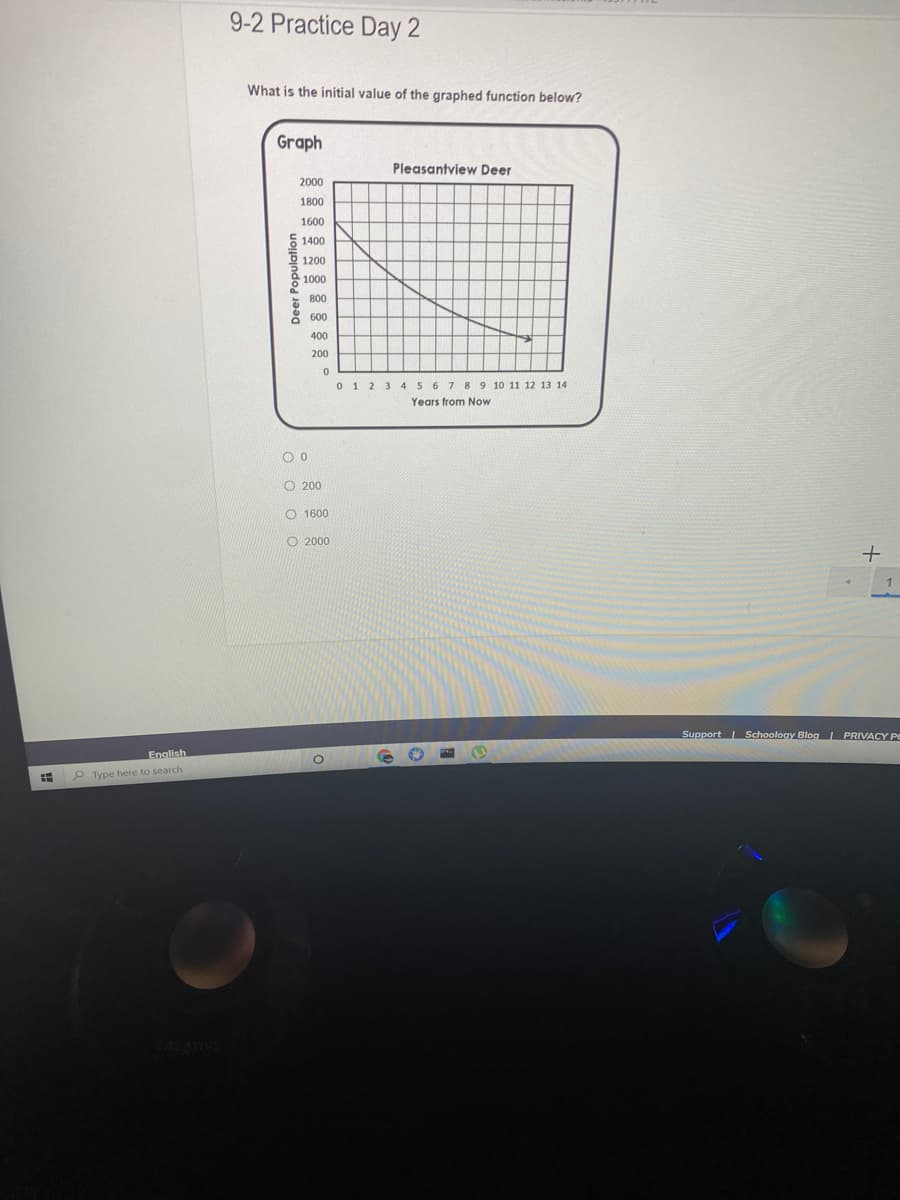 9-2 Practice Day 2
What is the initial value of the graphed function below?
Graph
Pleasantview Deer
2000
1800
1600
6 1400
O 1200
1000
800
600
400
200
012 3
5 6 7 8 9 10 11 12 13 14
Years from Now
O 200
O 1600
O 2000
Support Schoology Blog PRIVACY P
English
P Type here to search
Deer Population
