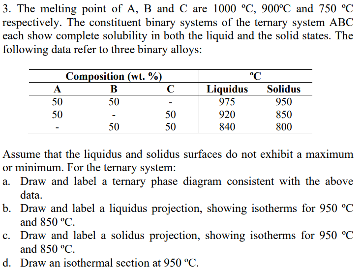 3. The melting point of A, B and C are 1000 °C, 900°C and 750 °C
respectively. The constituent binary systems of the ternary system ABC
each show complete solubility in both the liquid and the solid states. The
following data refer to three binary alloys:
Composition (wt. %)
°C
A
В
C
Liquidus
975
Solidus
50
50
950
50
50
920
850
50
50
840
800
Assume that the liquidus and solidus surfaces do not exhibit a maximum
or minimum. For the ternary system:
Draw and label a ternary phase diagram consistent with the above
data.
b. Draw and label a liquidus projection, showing isotherms for 950 °C
and 850 °C.
c. Draw and label a solidus projection, showing isotherms for 950 °C
and 850 °C.
d. Draw an isothermal section at 950 °C.
