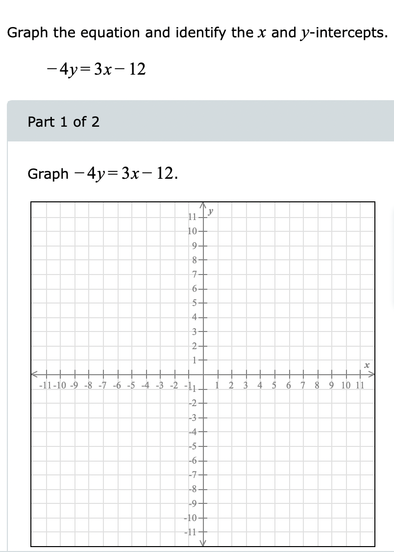 Graph the equation and identify the x and y-intercepts.
- 4y= 3x- 12
Part 1 of 2
Graph – 4y=3x-12.
11
10
8-
7+
5+
4
3.
2
-11-10 -9 -8 -7 -6 -5 -4 -3 -2 -l1.
1
2
4
6
7 8 9 10 11
-2
-3
-4-
-5-
-6-
-7+
-8구
-10-
-1-
