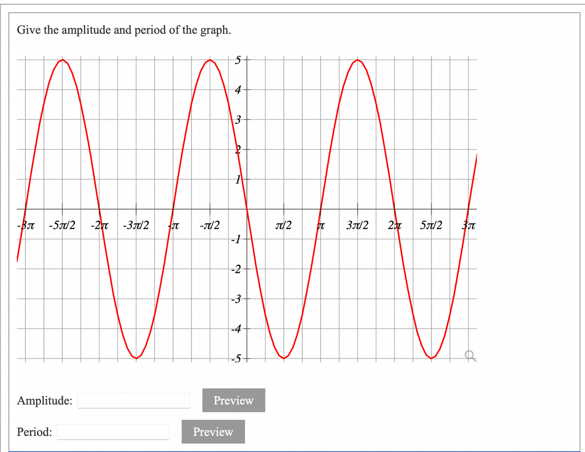 Give the amplitude and period of the graph.
-Вл
-5/2
-2yt
-3/2
-/2
3t/2
5/2
-2
-5
Amplitude:
Preview
Period:
Preview
3.
