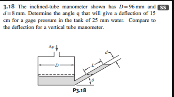 3.18 The inclined-tube manometer shown has D=96 mm and SS
d=8 mm. Determine the angle q that will give a deflection of 15
cm for a gage pressure in the tank of 25 mm water. Compare to
the deflection for a vertical tube manometer.
Ap
P3.18
