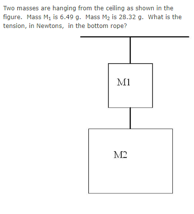 Two masses are hanging from the ceiling as shown in the
figure. Mass M1 is 6.49 g. Mass M2 is 28.32 g. What is the
tension, in Newtons, in the bottom rope?
