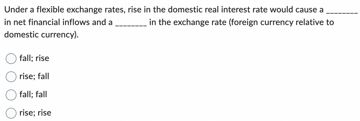 Under a flexible exchange rates, rise in the domestic real interest rate would cause a
in the exchange rate (foreign currency relative to
in net financial inflows and a
domestic currency).
fall; rise
rise; fall
fall; fall
rise; rise