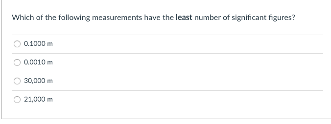 Which of the following measurements have the least number of significant figures?
0.1000 m
0.0010 m
30,000 m
21,000 m
