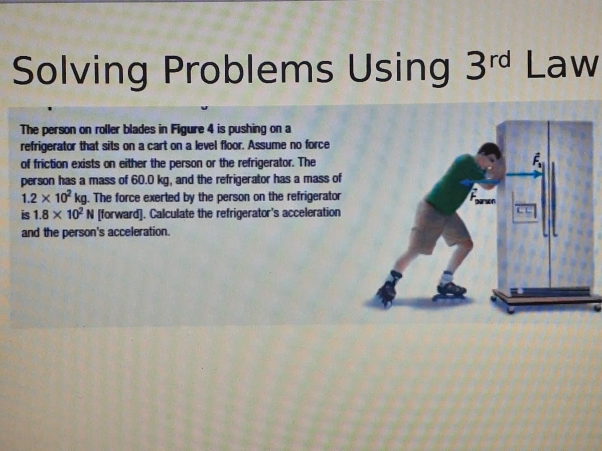 Solving Problems Using 3rd Law
The person on roller blades in Figure 4 is pushing on a
refrigerator that sits on a cart on a level floor. Assume no force
of friction exists on either the person or the refrigerator. The
person has a mass of 60.0 kg, and the refrigerator has a mass of
1.2 x 10 kg. The force exerted by the person on the refrigerator
is 1.8 x 10° N [forward]. Calculate the refrigerator's acceleration
and the person's acceleration.
parson

