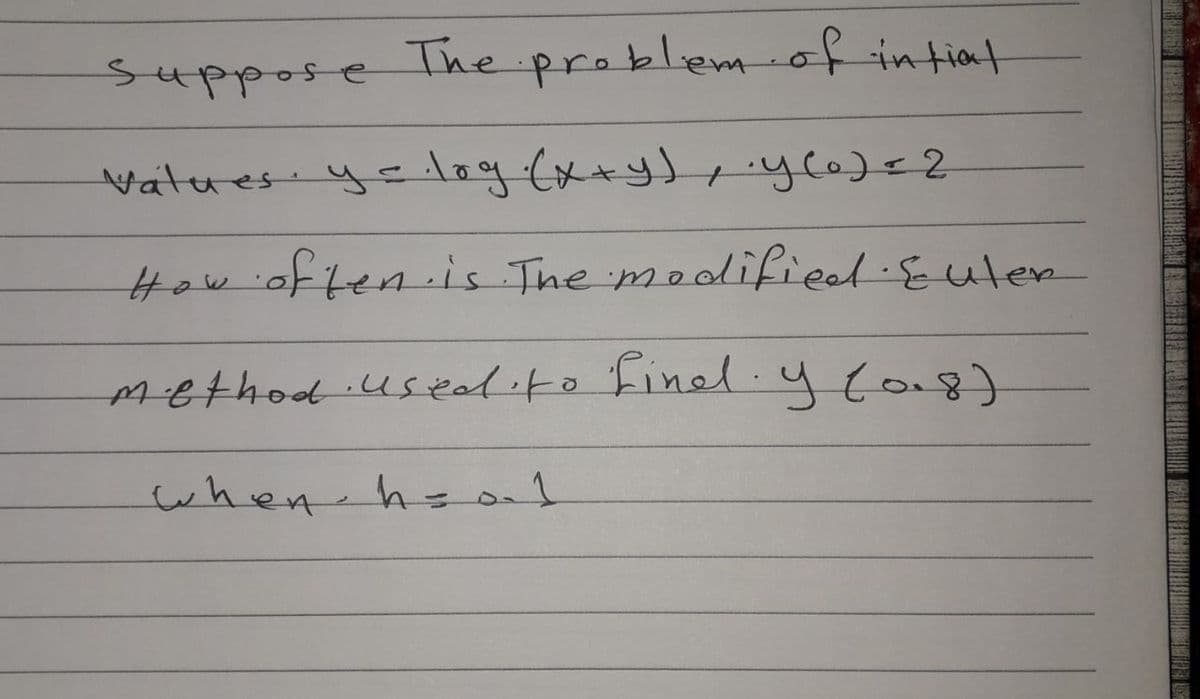 Suppose The problem of intial
values y = log (x+y), y(0) = 2
How often is. The modified Euler
method used to find. Y (0.8)
when h= at