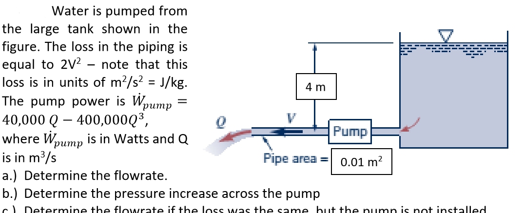 Water is pumped from
the large tank shown in the
figure. The loss in the piping is
equal to 2V2 - note that this
loss is in units of m?/s? = J/kg.
4 m
The pump power is Wpump
40,000 Q – 400,000Q3,
where Wump is in Watts and Q
is in m³/s
a.) Determine the flowrate.
b.) Determine the pressure increase across the pump
dшnd,
Fபாடி
ритр
Pipe area =
0.01 m?
c) Determine the flowrate if the loss was the same but the numn is not installed
