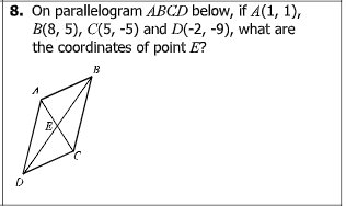 8. On parallelogram ABCD below, if A(1, 1),
B(8, 5), C(5, -5) and D(-2, -9), what are
the coordinates of point E?
