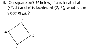 4. On square JKLM below, if J is located at
(-2, 5) and K is located at (2, 2), what is the
slope of LK ?
1.
