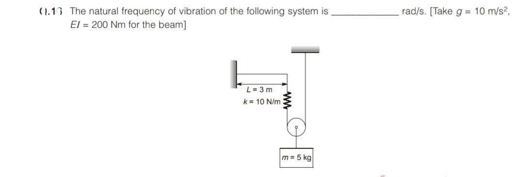 (1.13 The natural frequency of vibration of the following system is
rad/s. [Take g = 10 m/s?,
El = 200 Nm for the beam]
L = 3 m
k = 10 N/m
m = 5 kg
