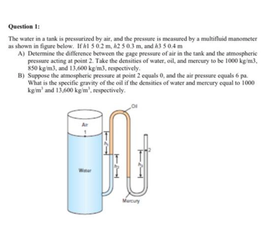 Question 1:
The water in a tank is pressurized by air, and the pressure is measured by a multifluid manometer
as shown in figure below. If hl 5 0.2 m, h2 5 0.3 m, and h3 5 0.4 m
A) Determine the difference between the gage pressure of air in the tank and the atmospheric
pressure acting at point 2. Take the densities of water, oil, and mercury to be 1000 kg/m3,
850 kg/m3, and 13,600 kg/m3, respectively.
B) Suppose the atmospheric pressure at point 2 equals 0, and the air pressure equals 6 pa.
What is the specific gravity of the oil if the densities of water and mercury equal to 1000
kg/m' and 13,600 kg/m', respectively.
Air
Water
Marcury
