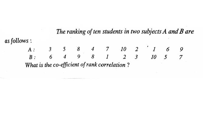 The ranking of ten students in two subjects A and B are
as follows :
А:
3
5
4
7
10
2
1
6
В:
6 4
9
8
1
2
3
10 5 7
What is the co-efficient of rank correlation ?
