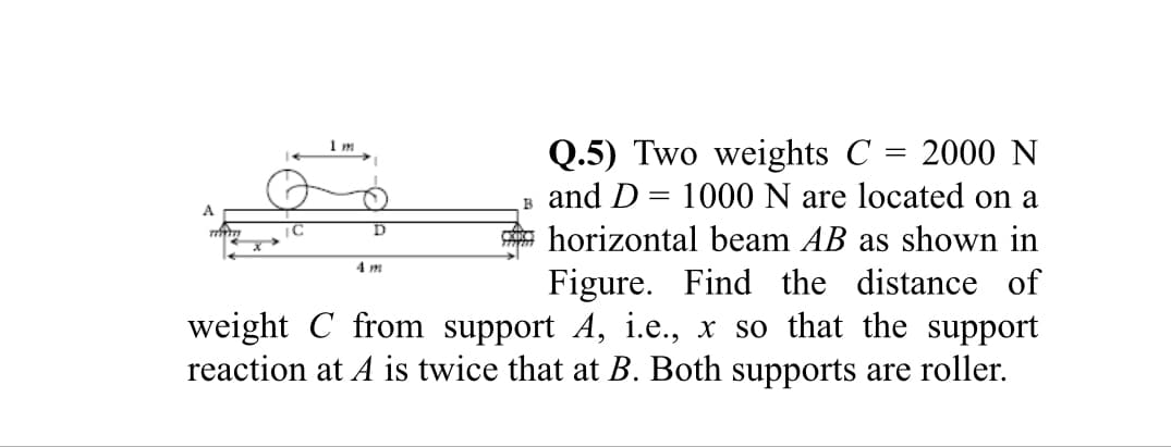 Q.5) Two weights C = 2000 N
and D = 1000 N are located on a
1 m
B
A
D
horizontal beam AB as shown in
4 m
Figure. Find the distance of
weight C from support A, i.e., x so that the support
reaction at A is twice that at B. Both supports are roller.
