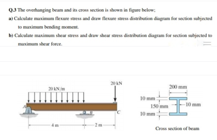 Q.3 The overhanging beam and its cross section is shown in figure below;
a) Calculate maximum flexure stress and draw flexure stress distribution diagram for section subjected
to maximum bending moment.
b) Calculate maximum shear stress and draw shear stress distribution diagram for section subjected to
maximum shear force.
20 kN
200 mm
20 kN/m
10 mm:
150 mm
-10 mm
10 mm
4 m
2 m
Cross section of beam
