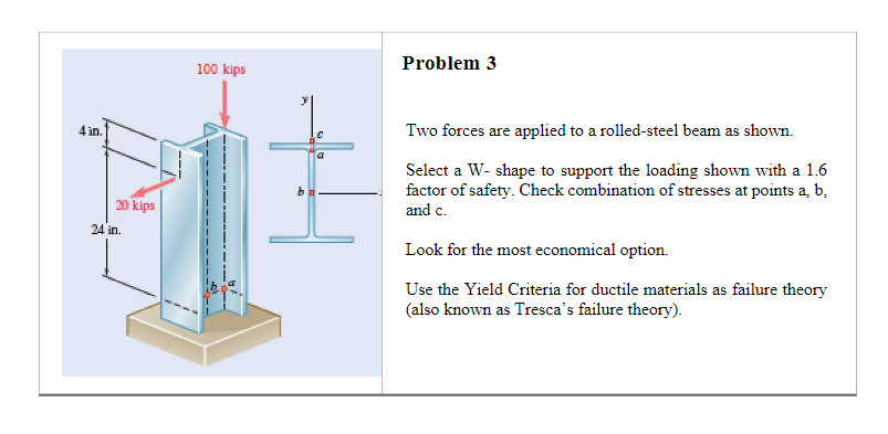 Problem 3
100 kips
4 in.
Two forces are applied to a rolled-steel beam as shown.
Select a W- shape to support the loading shown with a 1.6
factor of safety. Check combination of stresses at points a, b,
and c.
20 kips
24 in.
Look for the most economical option.
Use the Yield Criteria for ductile materials as failure theory
(also known as Tresca's failure theory).
----- ---- ----
---
