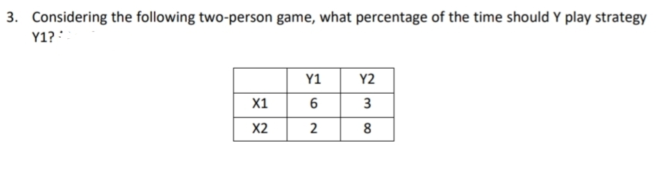 3. Considering the following two-person game, what percentage of the time should Y play strategy
Y1? :
Y1
Y2
X1
6.
X2
2
8
