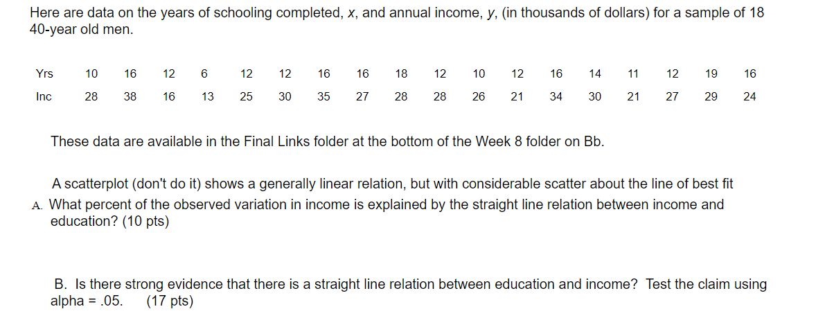 Here are data on the years of schooling completed, x, and annual income, y, (in thousands of dollars) for a sample of 18
40-year old men.
Yrs
10
16
12
6
12
12
16
16
18
12
10
12
16
14
11
12
19
16
Inc
28
38
16
13
25
30
35
27
28
28
26
21
34
30
21
27
29
24
These data are available in the Final Links folder at the bottom of the Week 8 folder on Bb.
A scatterplot (don't do it) shows a generally linear relation, but with considerable scatter about the line of best fit
A. What percent of the observed variation in income is explained by the straight line relation between income and
education? (10 pts)
B. Is there strong evidence that there is a straight line relation between education and income? Test the claim using
alpha = .05.
(17 pts)
