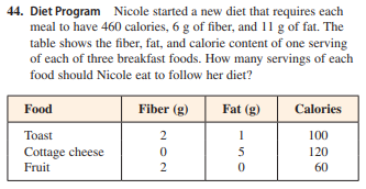 44. Diet Program Nicole started a new diet that requires each
meal to have 460 calories, 6 g of fiber, and 11 g of fat. The
table shows the fiber, fat, and calorie content of one serving
of each of three breakfast foods. How many servings of each
food should Nicole eat to follow her diet?
Food
Fiber (g)
Fat (g)
Calories
Toast
2
100
Cottage cheese
5
120
Fruit
2
60
