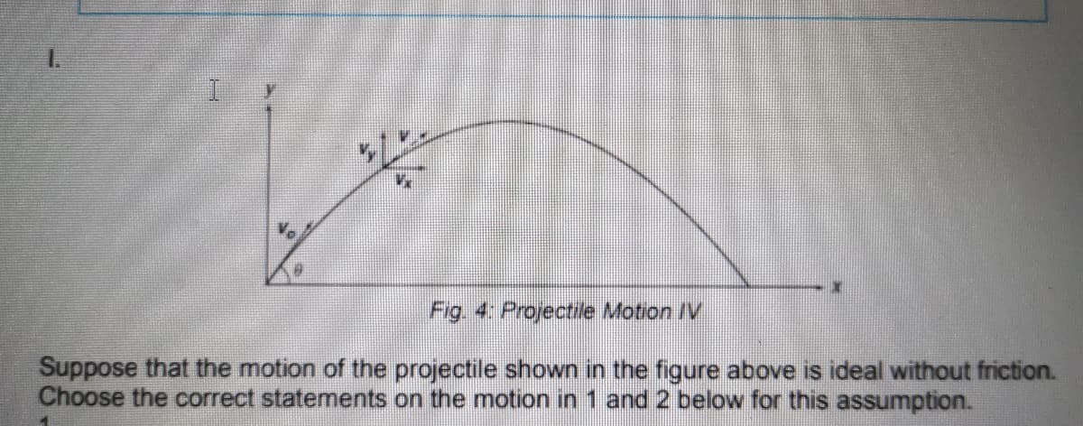Vx
Fig. 4: Projectile Motion /V
Suppose that the motion of the projectile shown in the figure above is ideal without friction.
Choose the correct statements on the motion in 1 and 2 below for this assumption.
