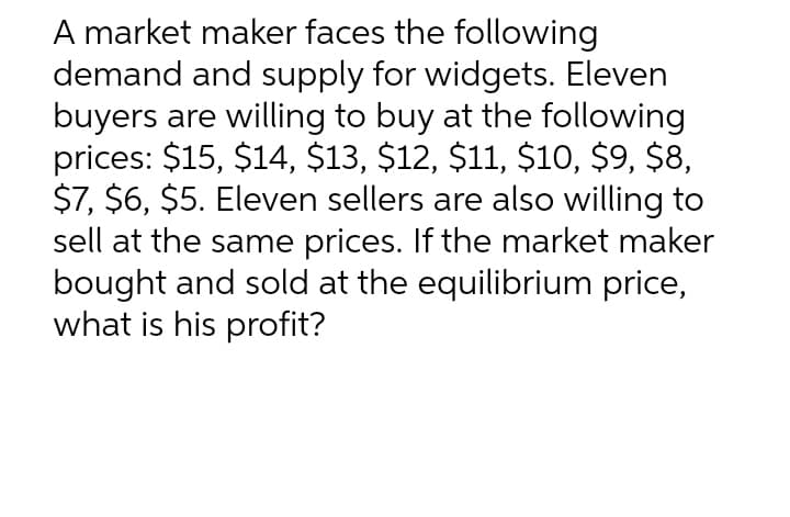 A market maker faces the following
demand and supply for widgets. Eleven
buyers are willing to buy at the following
prices: $15, $14, $13, $12, $11, $10, $9, $8,
$7, $6, $5. Eleven sellers are also willing to
sell at the same prices. If the market maker
bought and sold at the equilibrium price,
what is his profit?