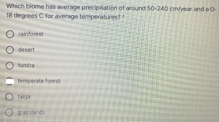 Which biome has average precipitation of around 50-240 cm/year and a O-
18 degrees C for average temperatures?
O rainforest
O desert
O tundra
temperate forest
O taiga
O grasslands
